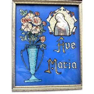 Reverse Painted Religious Picture Tin Folk Art Mother Mary Ave Maria Trophy Vase
